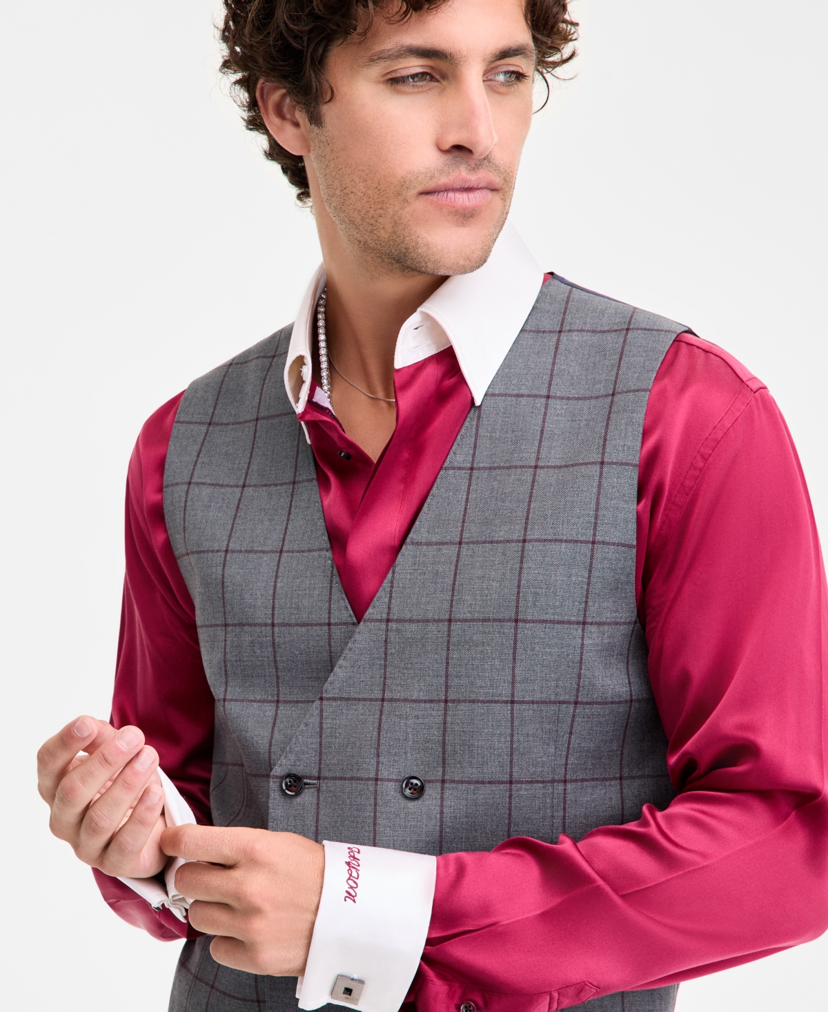 Tayion Collection Men's Classic-fit Windowpane Double-breasted Suit Separate Vest In Multi
