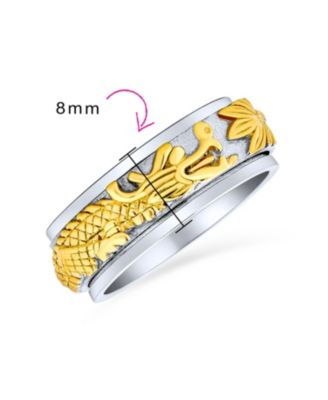 Two Tone Overlay Gold Silver Tones Titanium Steel Exotic 3D Asian Chinese Dragon Fidget Spinner Ring Band Jewelry