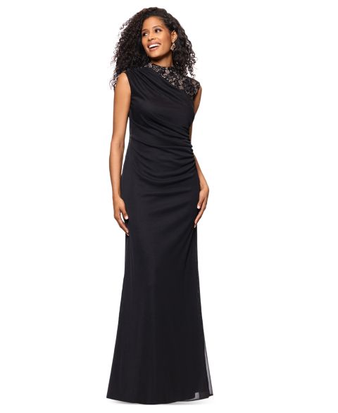 Женские платья B&A By Betsy and Adam Betsy & Adam Lace-Trim Ruched Jersey Gown, цвет: Чёрный телесный