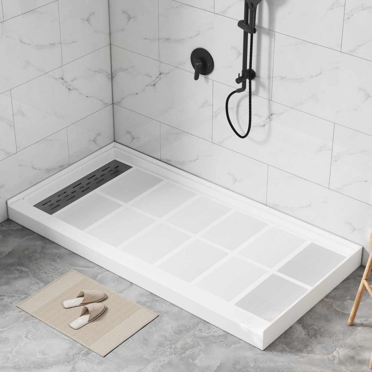 60"W X 30"D Solid Surface Single Threshold Shower Base Anti-Slip Shower Pan, Drain Assembly & Drain Cover Included - White