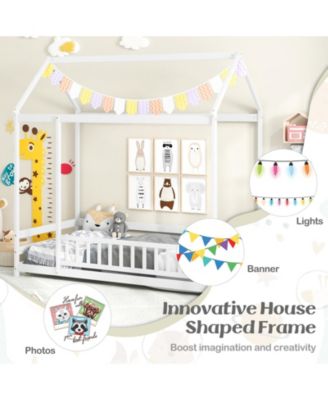 Twin Size Kids House Bed Wooden Floor Bed with Roof and Full-length Safety Guardrail