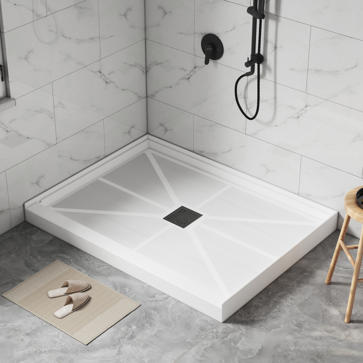 48"W X 36"D Solid Surface Single Threshold Shower Base Anti-Slip Shower Pan, Drain Assembly & Drain Cover Included - White