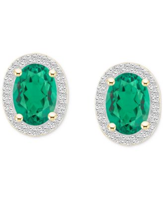 Lab-Created Emerald (1-3/8 ct. t.w.) & Lab-Created White Sapphire (1/5 ct. t.w.) Oval Halo Stud Earrings in 10k Gold