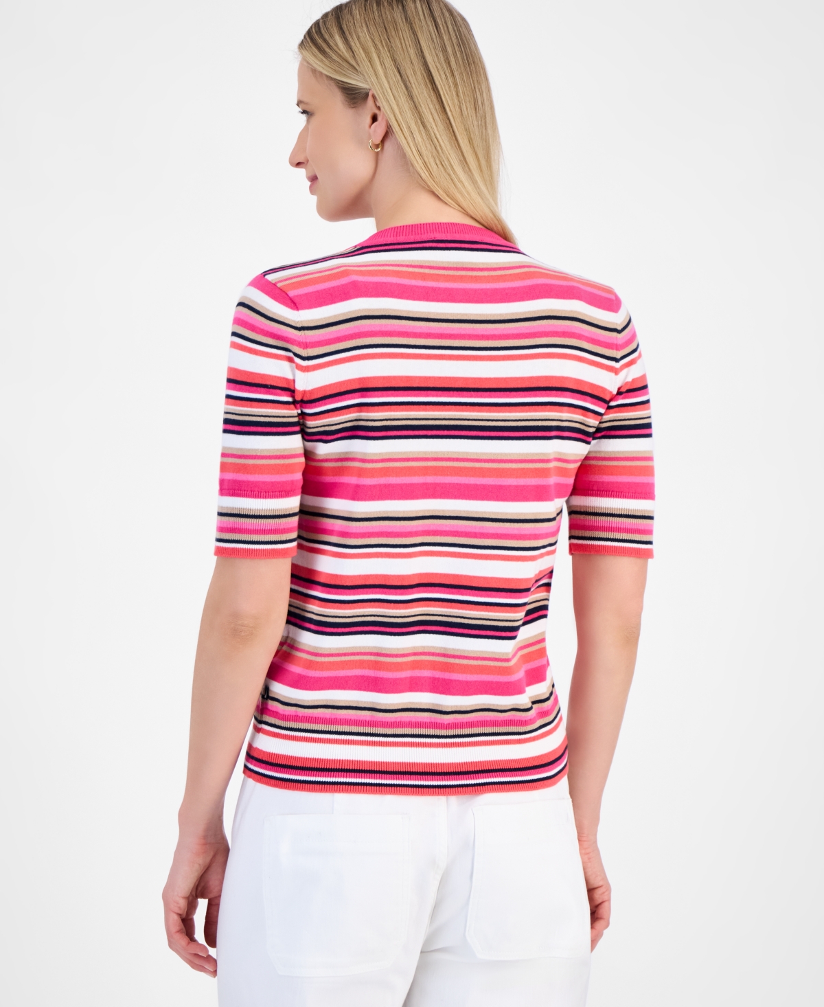 Nautica Jeans Women's Cotton Striped Short-sleeve Sweater In Hot Pink Multi
