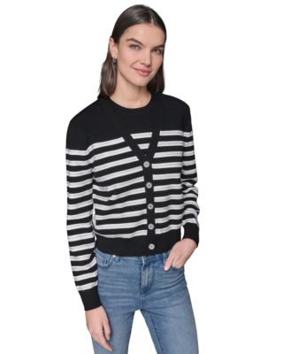 KARL LAGERFELD PARIS - Women's Striped Crystal-Button Cardigan