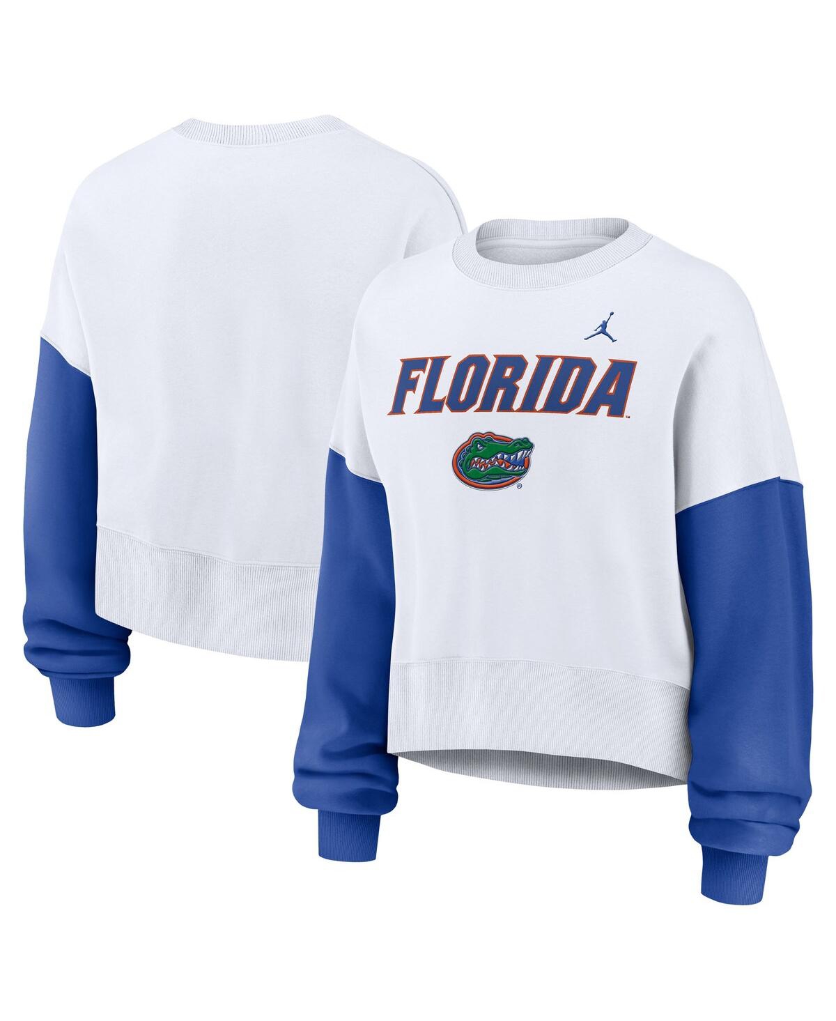 JORDAN WOMEN'S WHITE FLORIDA GATORS COLOR-BLOCK OVERSIZED CROPPED PULLOVER SWEATSHIRT 