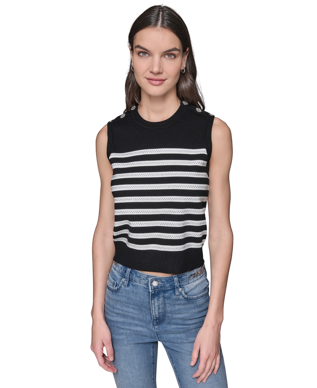 Karl Lagerfeld Women's Striped Crystal-button Sleeveless Sweater In Black  Soft White