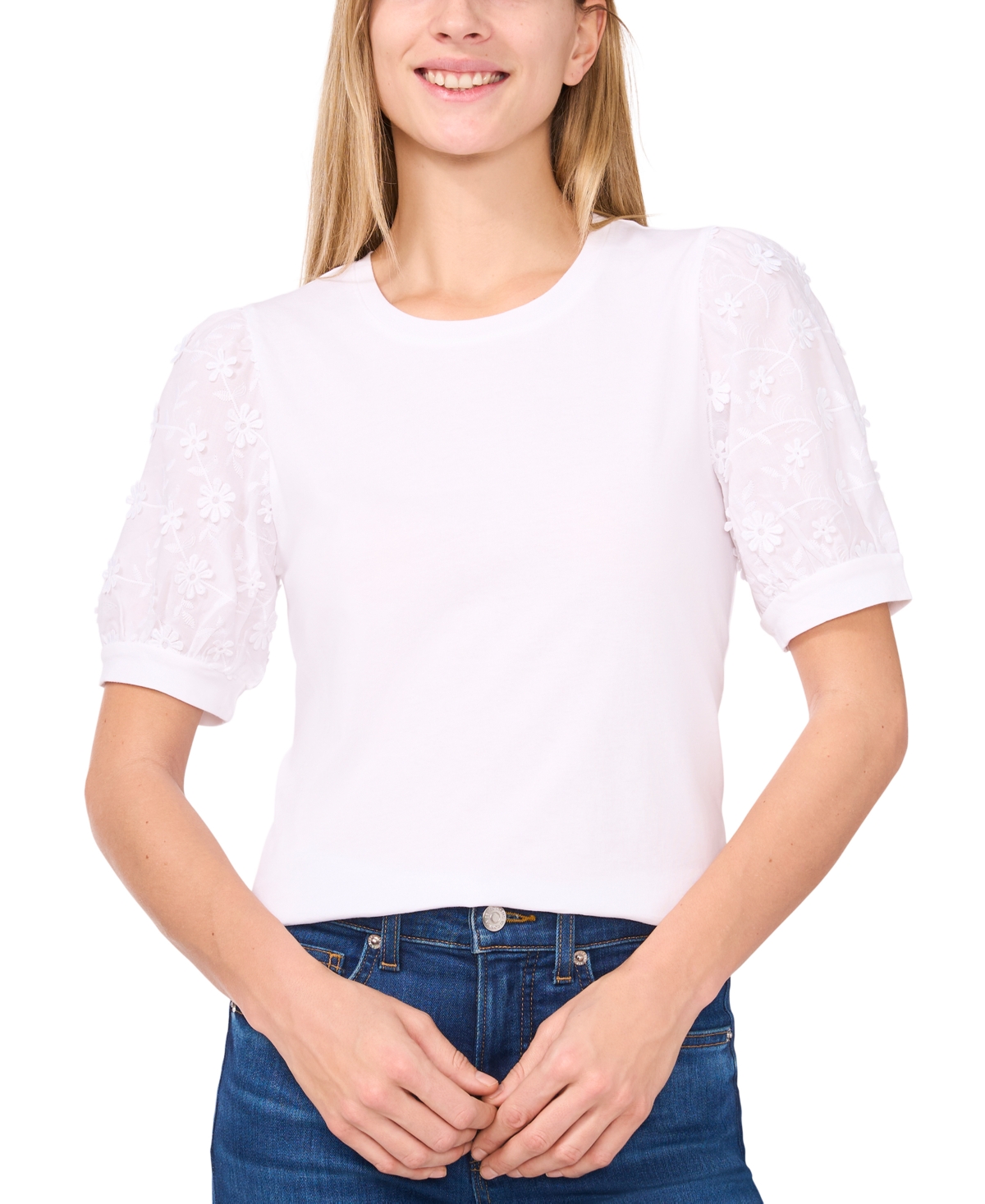 Women's Mixed-Media Puff-Sleeve Top - New Ivory