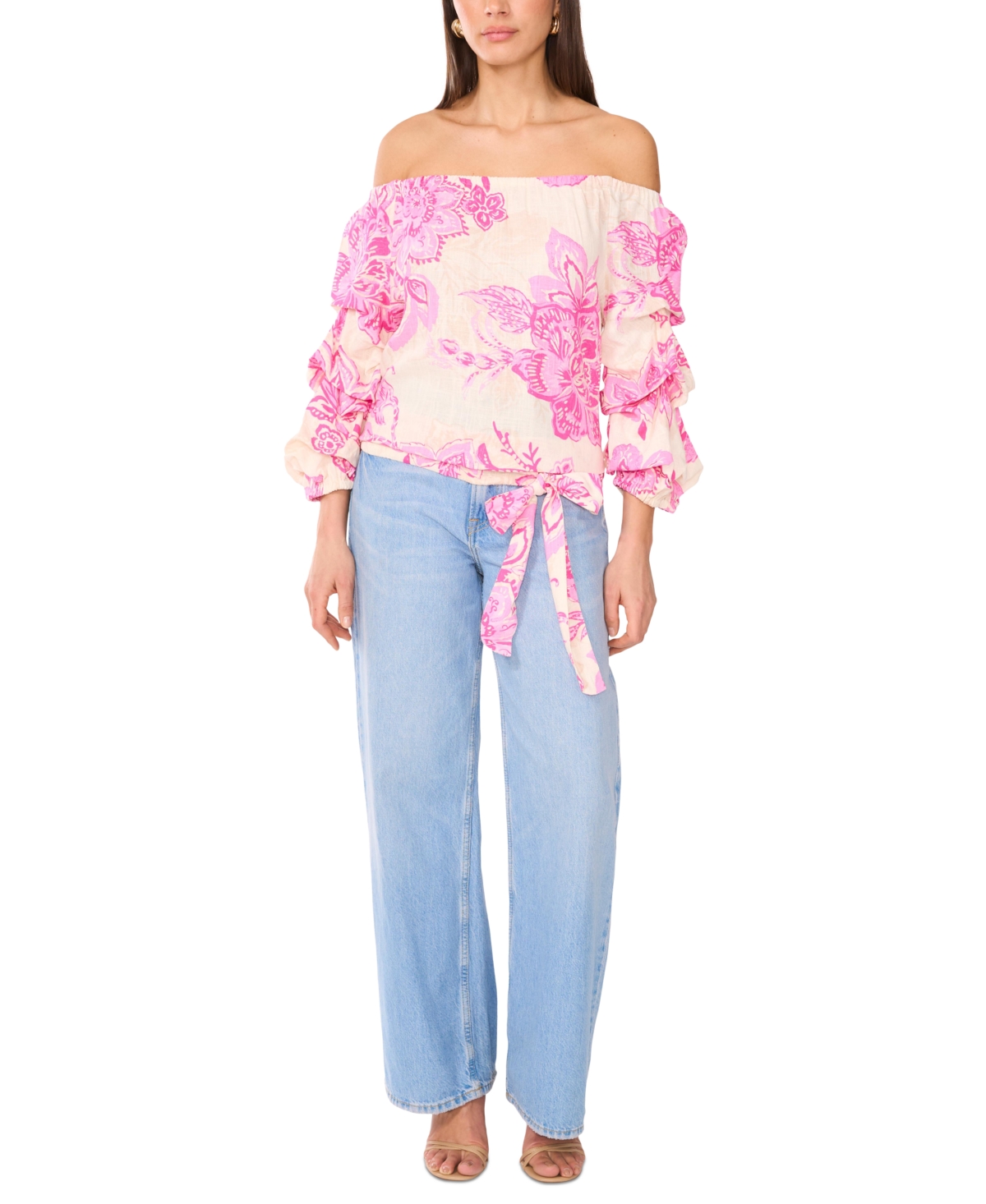 Vince Camuto Off-the-shoulder Linen-blend Blouse In Pink Orchid