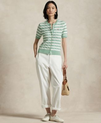 Women's Striped Cable-Knit Short-Sleeve Cardigan Sweater