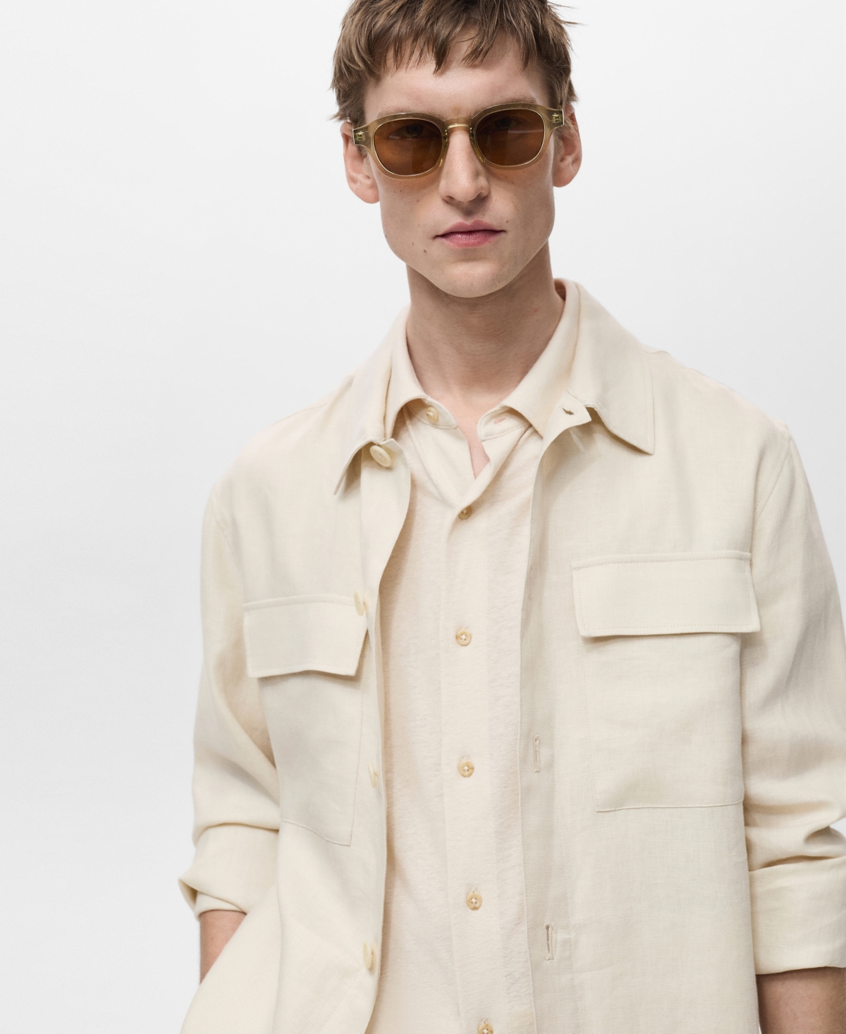 Mango Linen Overshirt With Pockets In Neutral