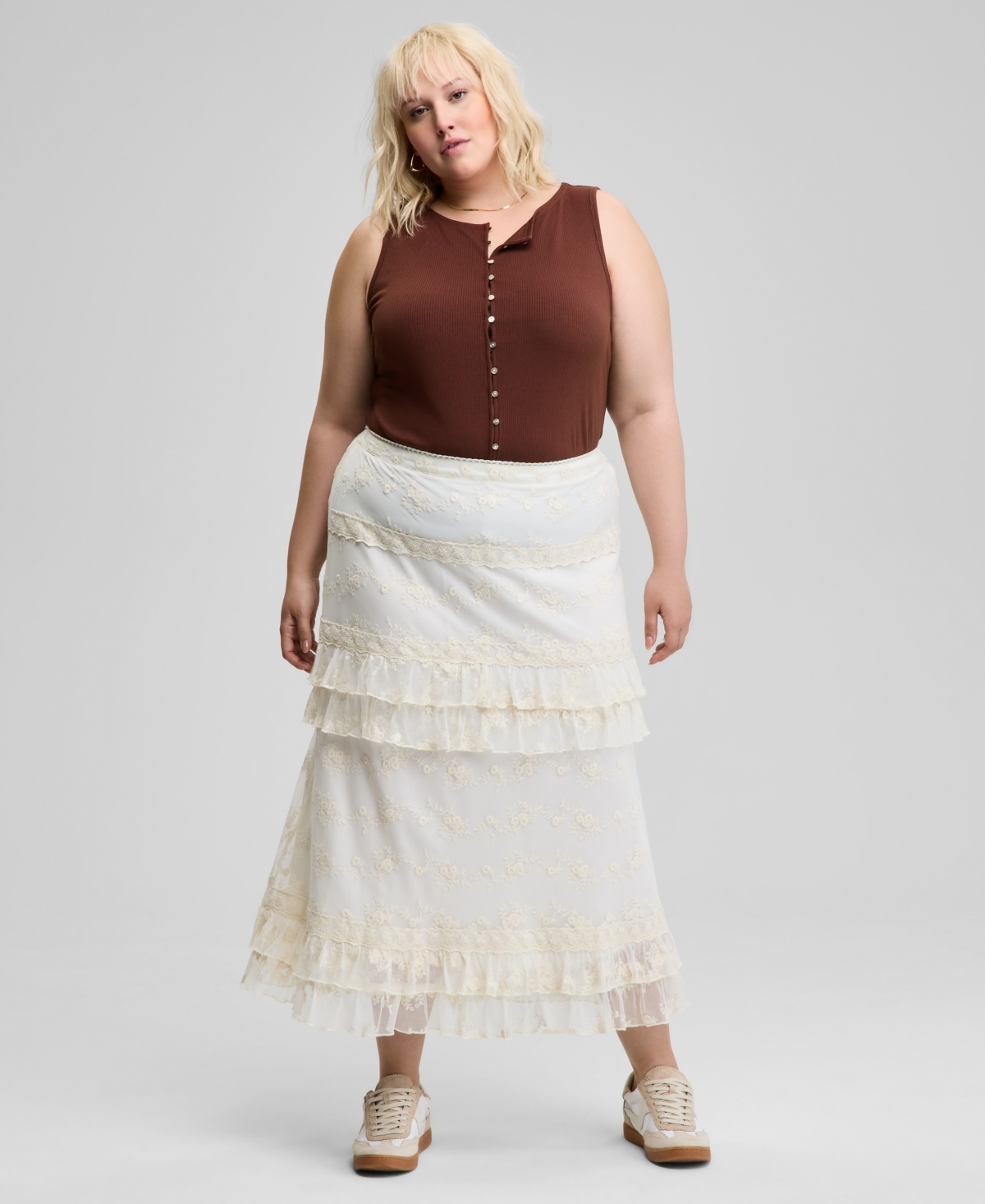 Trendy Plus Size Lace Ruffle-Trim Maxi Skirt, Exclusively at Macy's - Ivory