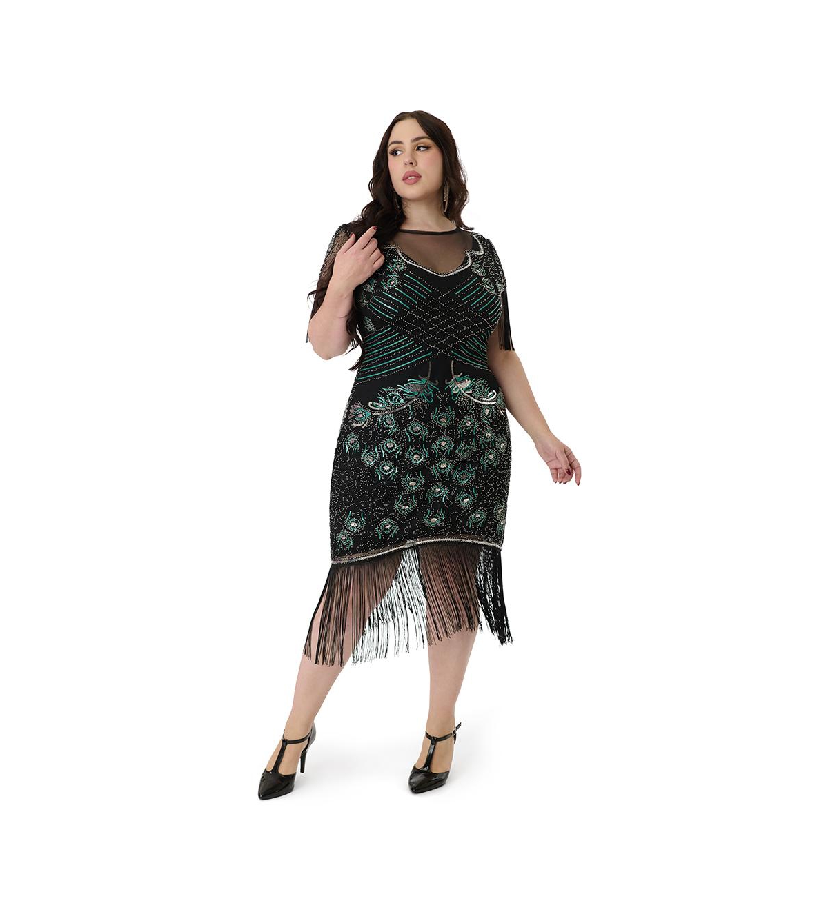 Plus Size Beaded Nadine Fringe Flapper Dress - Black
