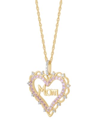 Lab Created Pink Sapphire (3/8 ct. t.w.) & Diamond (1/10 ct. t.w.) Mom Heart Pendant Necklace in 14k Yellow Gold-Plated Sterling Silver, 16" + 2" extender 