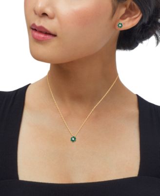 2-Pc. Set Lab-Created Emerald (1-3/8 ct. t.w.) & Lab-Created White Sapphire (1/3 ct. t.w.) Flower Pendant Necklace & Matching Stud Earrings in 14k Yellow Gold-Plated Sterling Silver