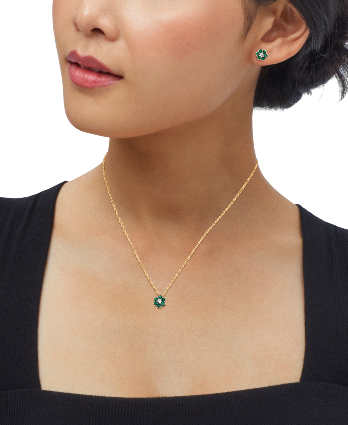 2-Pc. Set Lab-Created Emerald (1-3/8 ct. t.w.) & Lab-Created White Sapphire (1/3 ct. t.w.) Flower Pendant Necklace & Matching Stud Earrings in 14k Yel