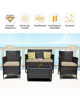 4PCS Rattan Patio Furniture Set Sofa Chair Coffee Table w/Cushion