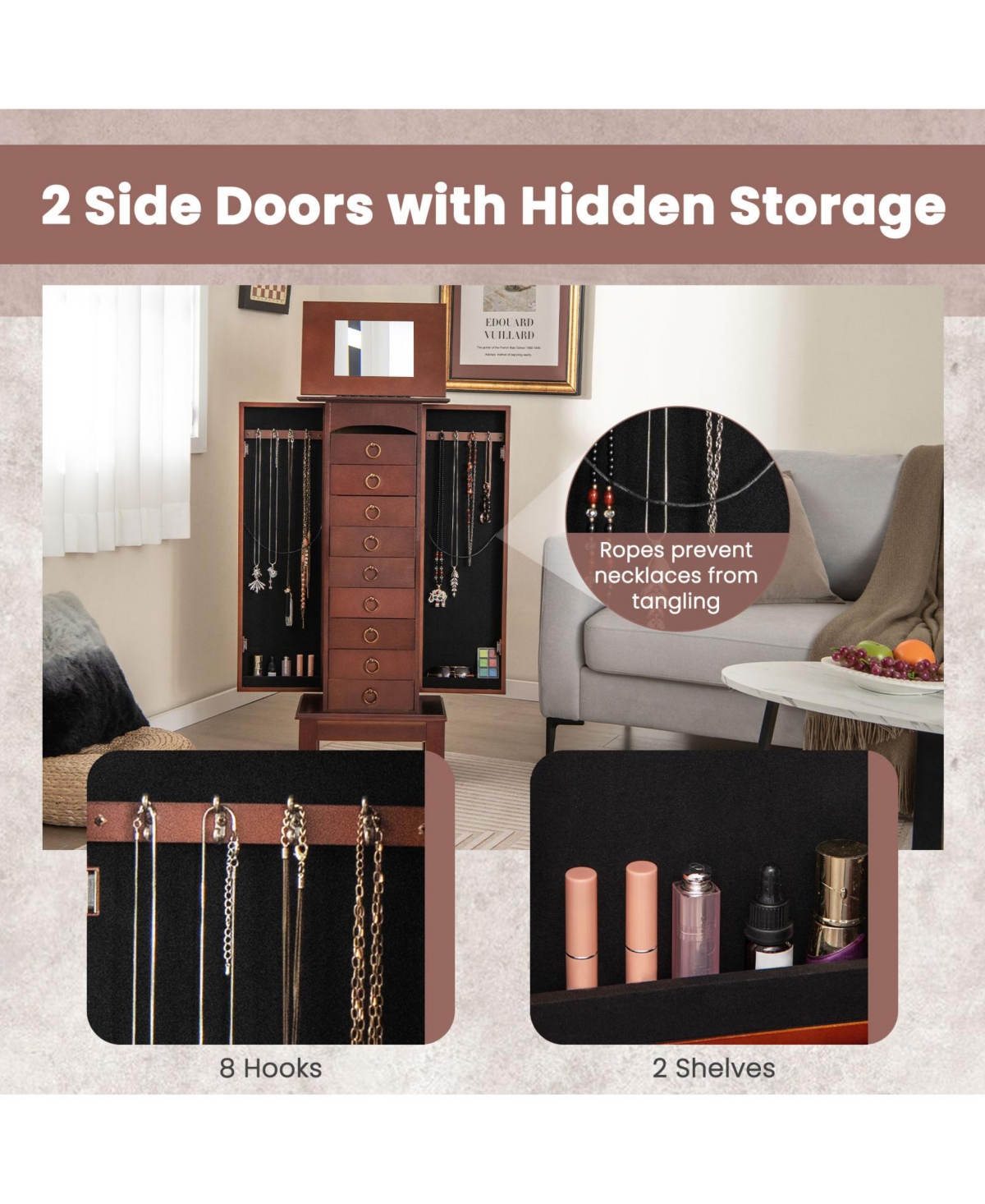 Wood Jewelry Cabinet Storage Chest Stand Organizer Necklace