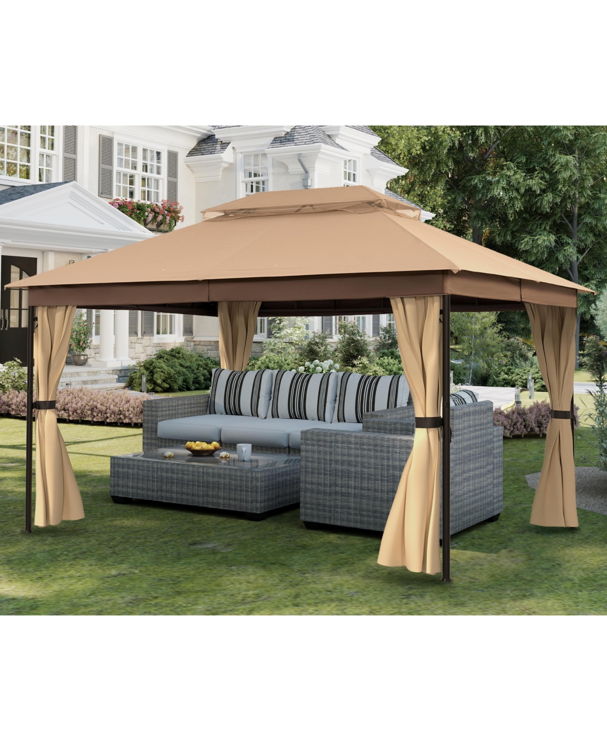 Mondawe 10 x 13 ft Soft Top Outdoor Patio Gazebo Tent Canopy with Included Curtains Ventilated Double Roof, Beige