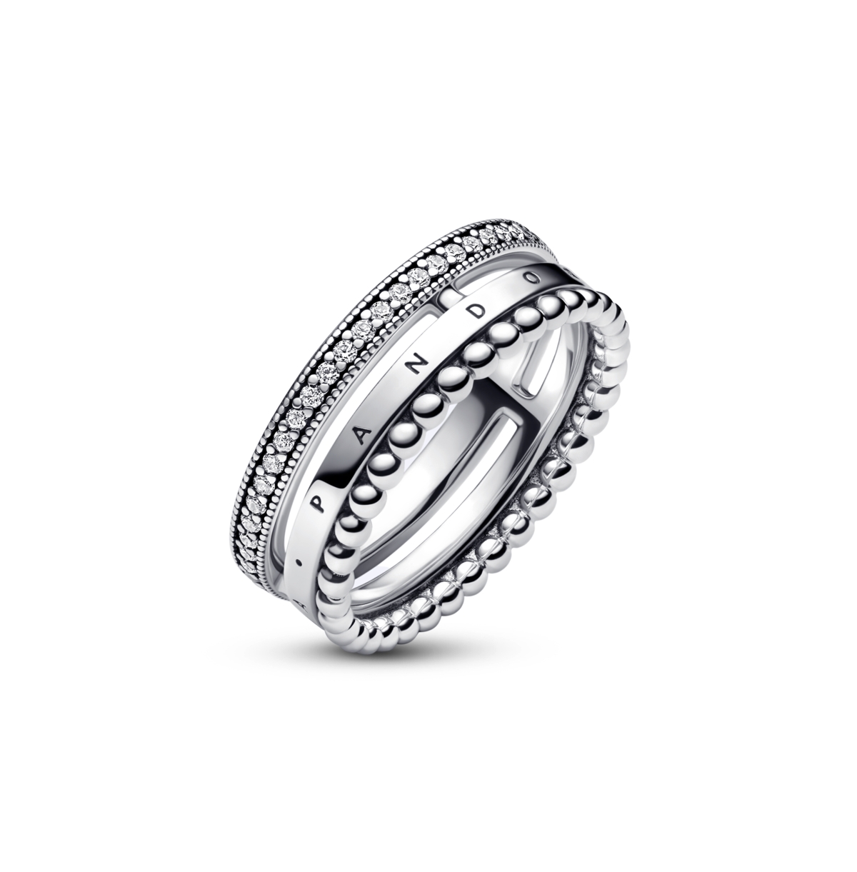 Pandora Sterling Silver Signature Logo Pave And Beads Ring In Sterling Silver