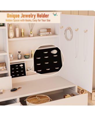 Vanity Desk with Sliding Mirror and LED Lights & Charging Station