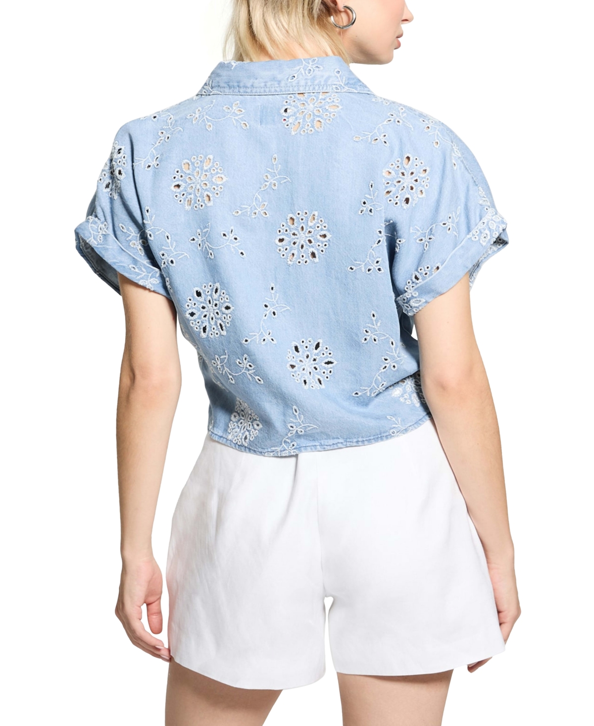 GUESS WOMEN'S BRIGITTE EYELET TIE-FRONT CAP-SLEEVE SHIRT 