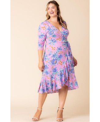 Plus Size Flirty Flounce 3/4-Sleeve Midi Wrap Dress