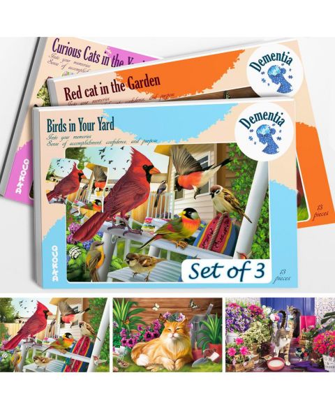 Детский пазл Quokka Adult Puzzles Dementia Activities for Elderly - Large Piece - Alzheimers Jigsaw Puzzle Games, цвет: 3 Set Birds, Cats