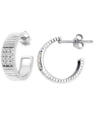 Pav&eacute; Ribbed Small C-Hoop Earrings in Sterling Silver, 0.62" (also in 18k Gold-Plated Sterling Silver), Exclusively at Macy's 