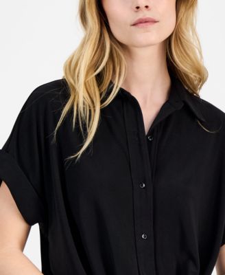 Women's Solid Twist-Front Button-Down Textured Crepe Knit Top