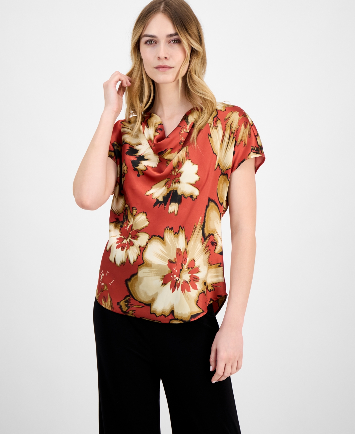 ANNE KLEIN WOMEN'S FLORAL-PRINT COWLNECK SHORT-SLEEVE BLOUSE, CREATED FOR MACY'S 
