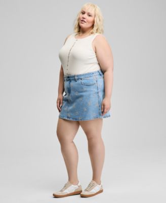 Trendy Plus Size Floral-Embroidered Denim Skirt, Exclusively at Macy's