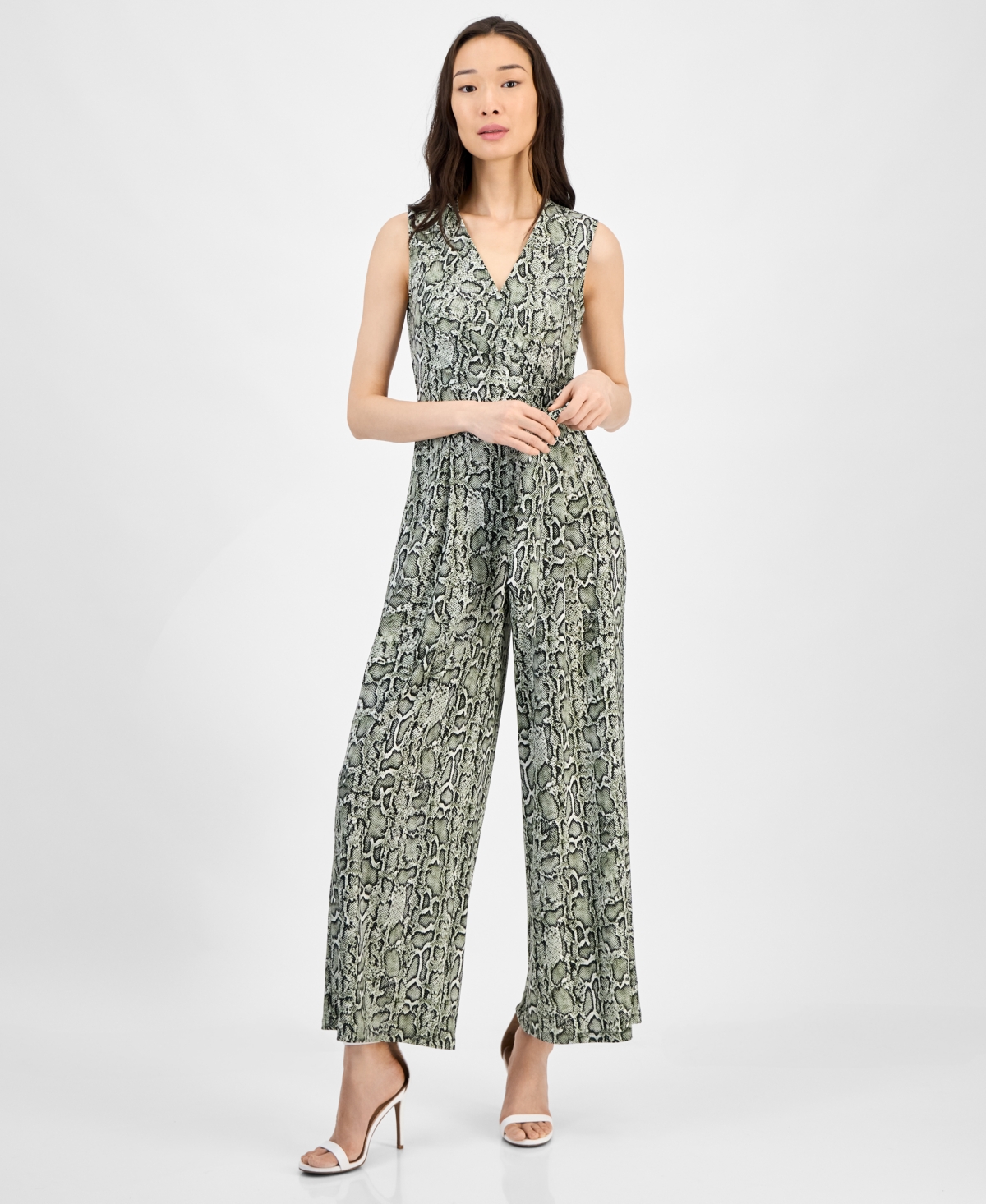 Anne Klein Women's Printed Faux-wrap Sleeveless Wide-leg Jumpsuit In Blue