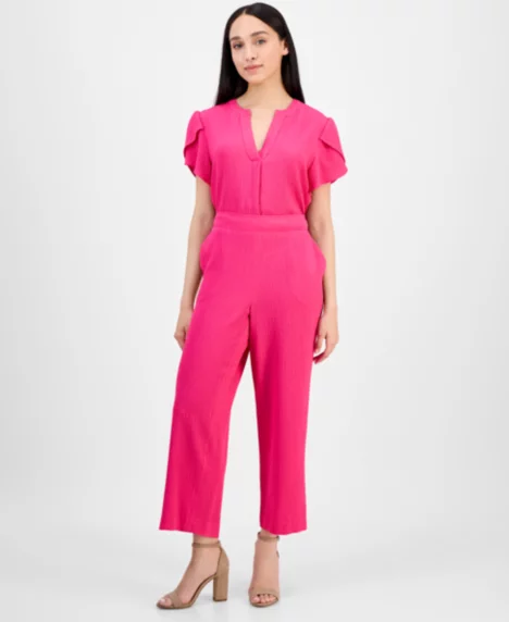 AK Anne Klein Petite Textured Pull-On Mid-Rise Wide-Leg Pants - Rich Fuchsia