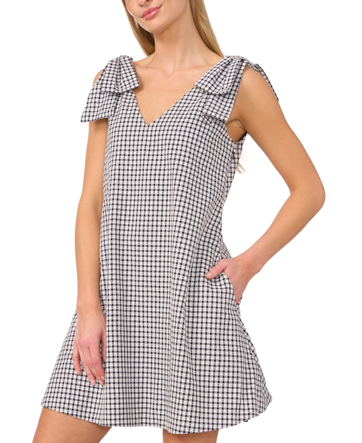 Shop Cece Women's Gingham Bow-shoulder Mini Dress In Rich Black