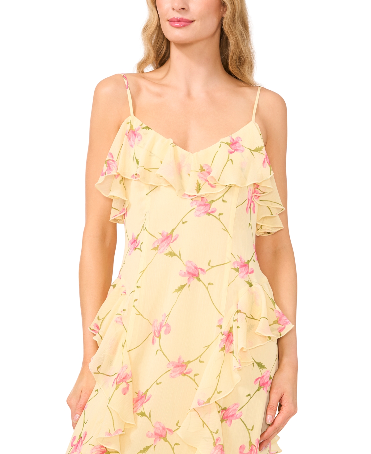 CECE WOMEN'S V-NECK RUFFLE-TRIM MAXI DRESS 