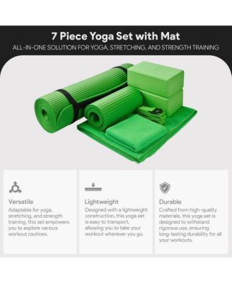 7 Piece Yoga Set with Mat, Stretch Strap & Knee Pad, Green