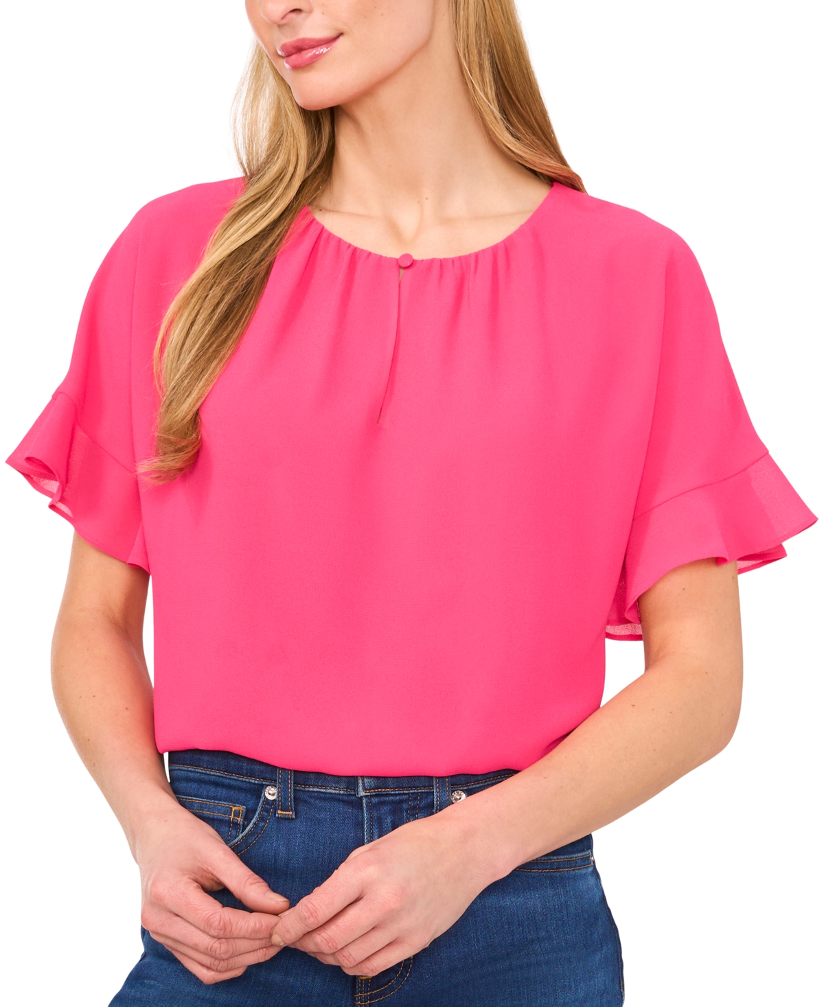 CECE WOMEN'S SHORT-SLEEVE HALF BUTTON FLOWY BLOUSE 