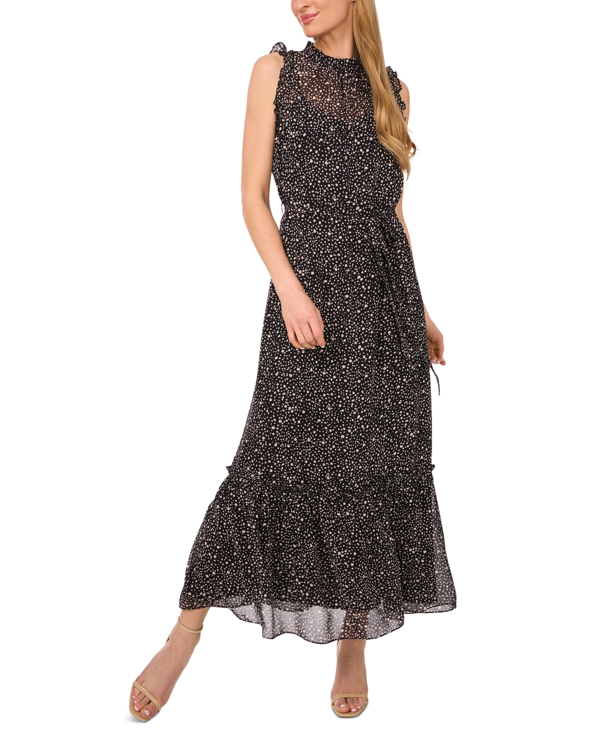 Women's Printed Ruffled Tie-Waist Maxi Dress - Rich Black