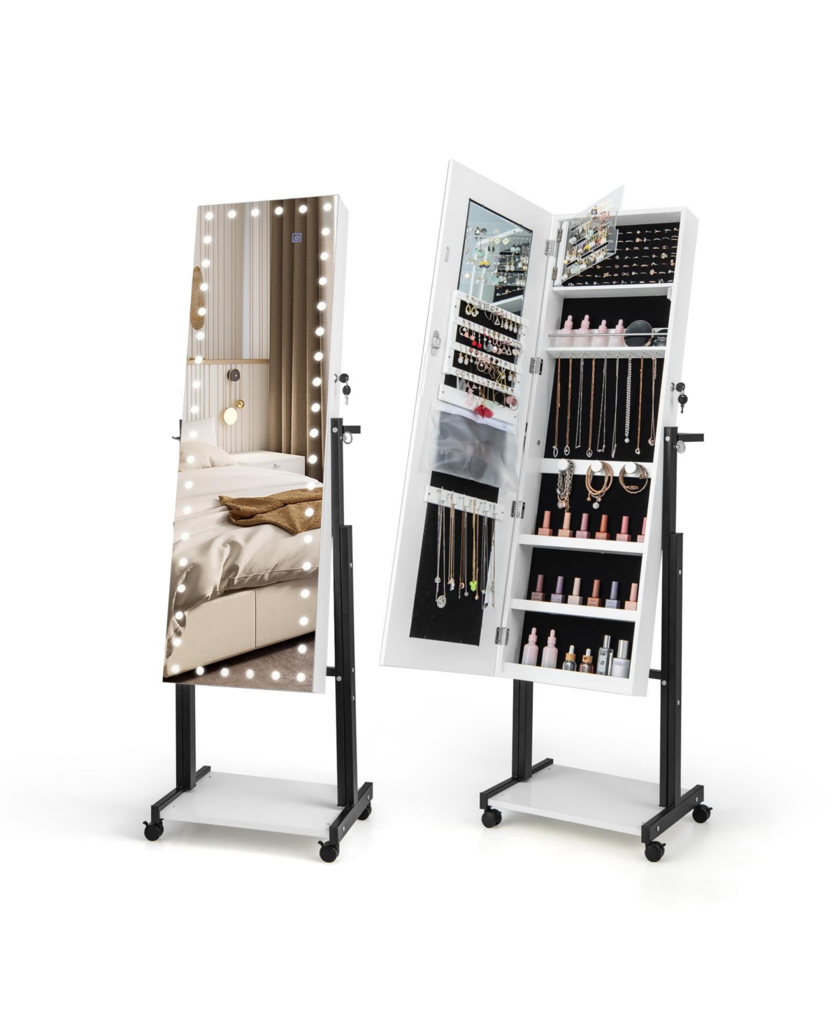 3-Color 46 Led Lights Mirror Jewelry Cabinet Armoire Adjustable Height with Wheels - White