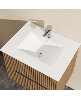 24" Wall Mounted Walnut Bathroom Vanity Cabinet with White Basin Sink Combo Floating
