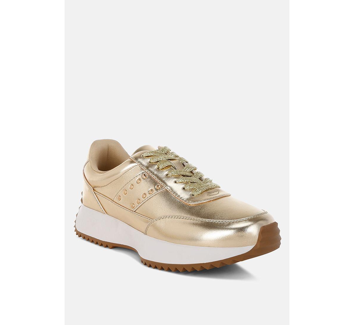 Mujori Metallic Pleather Studded Sneakers - Gold