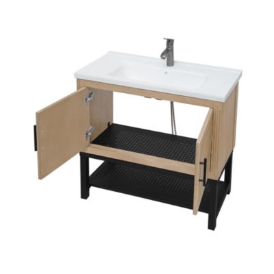 36" Bathroom Vanity with White Ceramic Sink & Faucet,Freestanding Bathroom Cabinet with 2 Storage Doors and Open iron Shelf