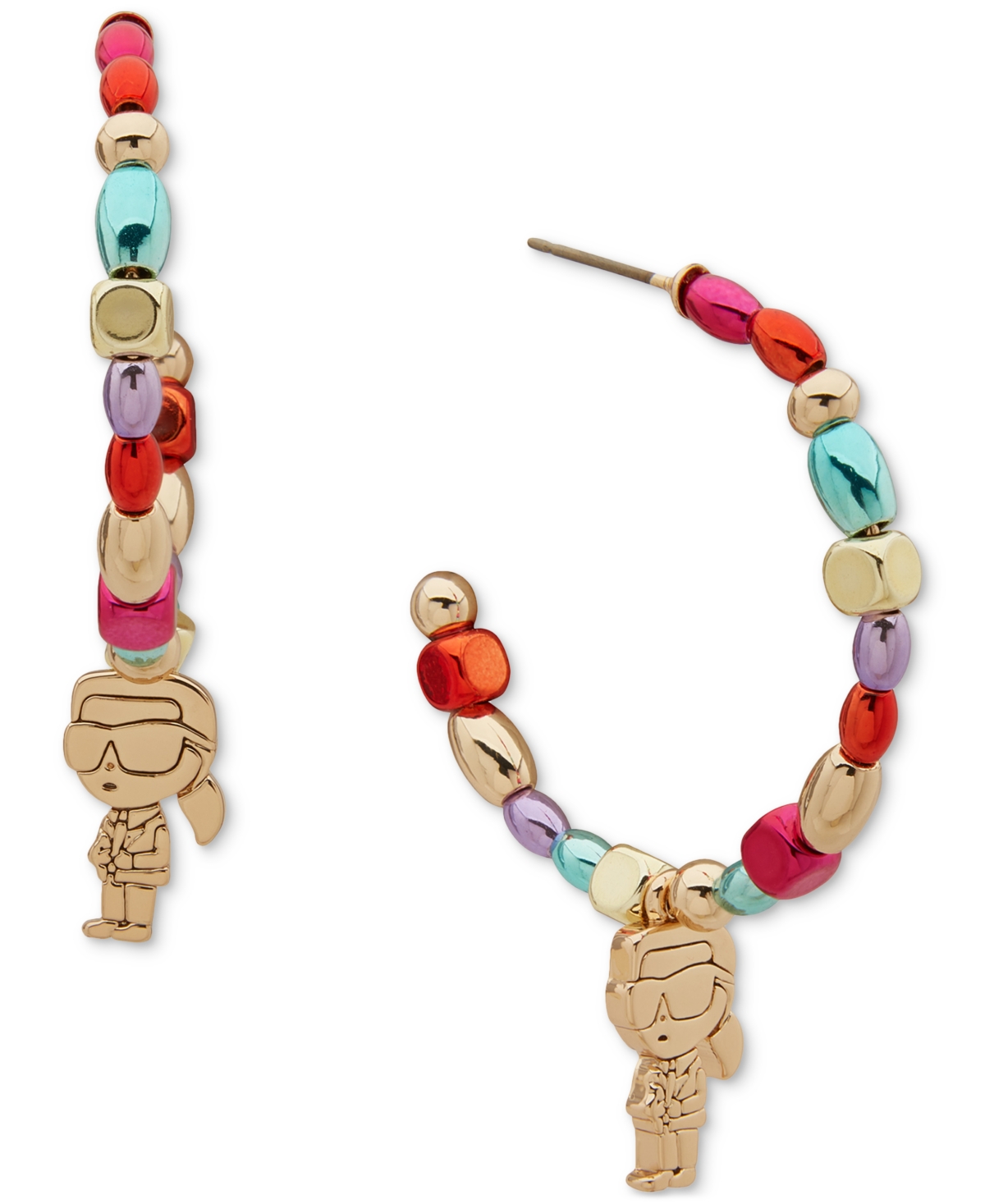 Gold-Tone Beaded Karl Charm Medium Hoop Earrings, 1.1" - White