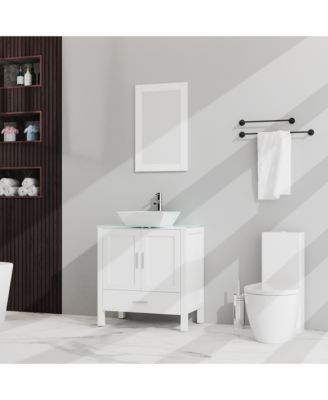 30" White Bathroom Vanity and Sink Combo Glass Top Cabinet With Mirror