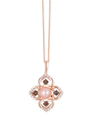 image of Le Vian Chocolatier Pink Freshwater Pearl (8mm) and Diamond (3/4 ct. t.w.) Flower Pendant Necklace in 14k Rose Gold