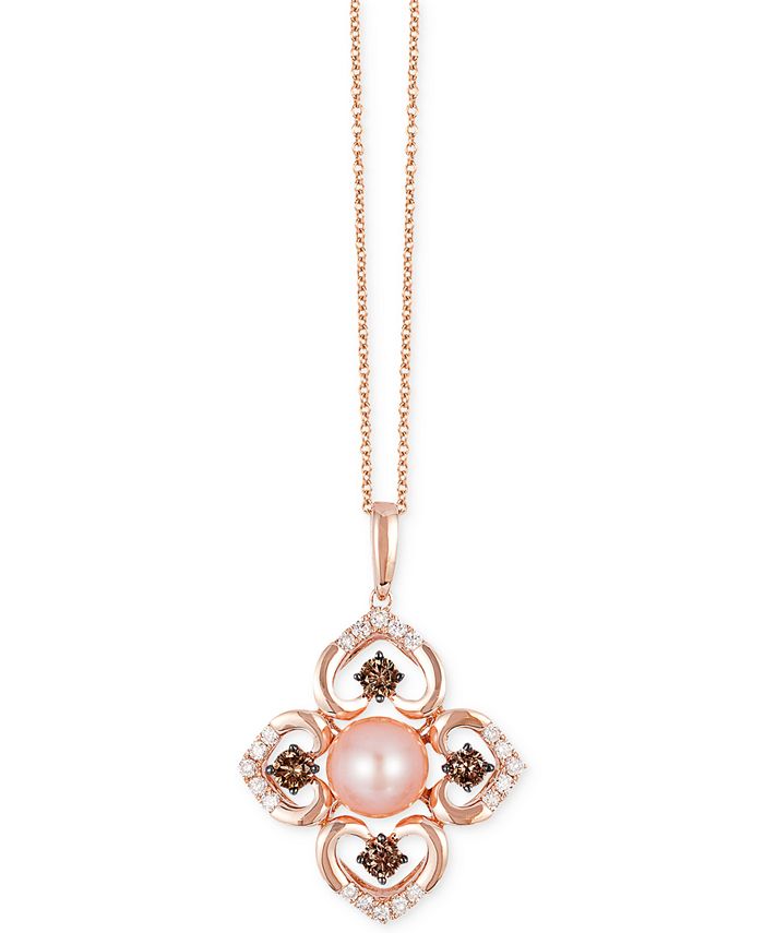 Le Vian - Pink Freshwater Pearl (8mm) and Diamond (3/4 ct. t.w.) Flower Pendant Necklace in 14k Rose Gold
