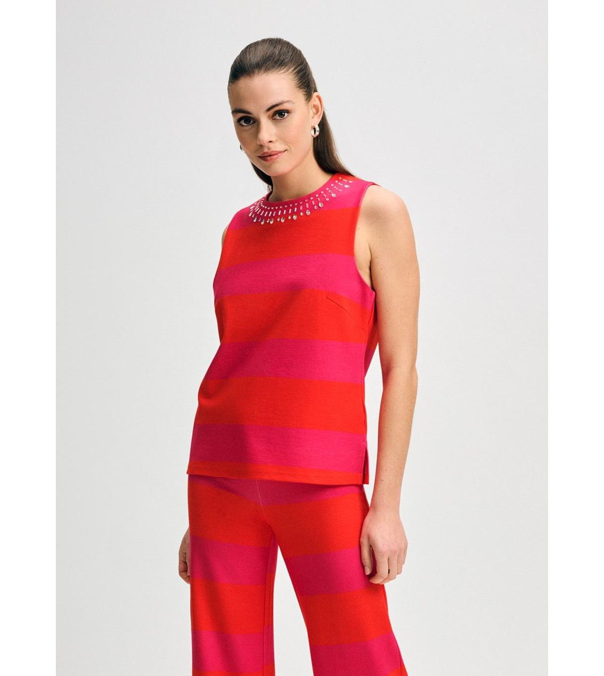 Women's Jewel Neck Ponte Shell - Pink orange