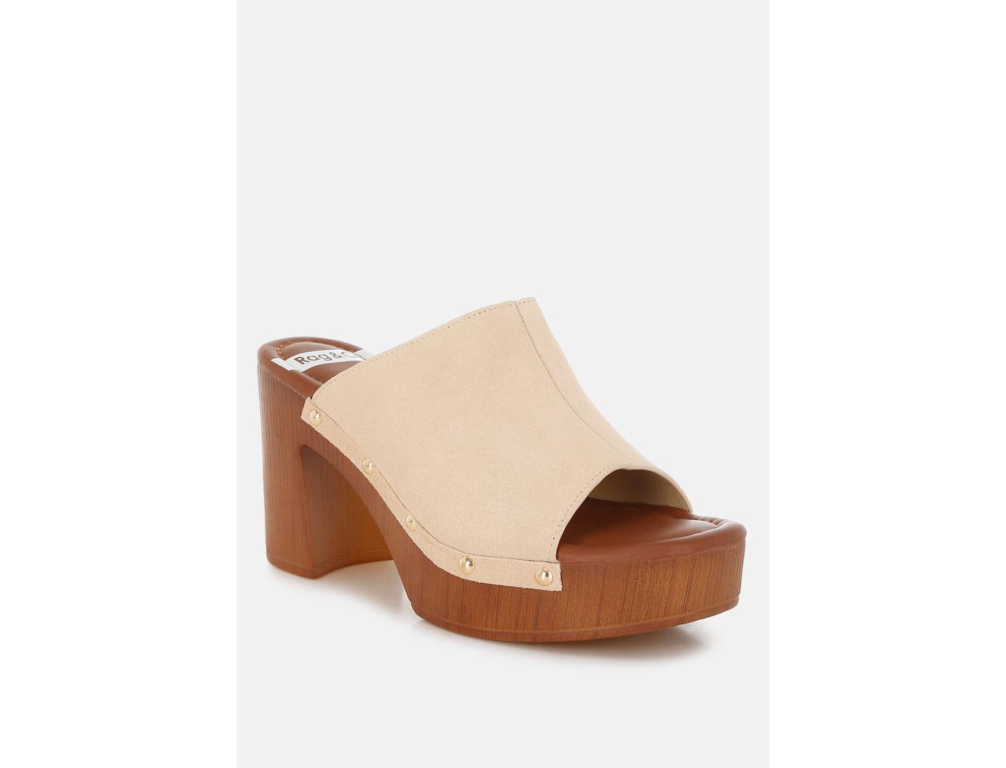 Женские сабо Rag & Co Masaki Soft Suede Leather Wooden, цвет: Бежевый — фото 1