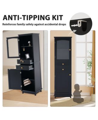 63&amp;#x22; MDF Tall Bathroom Storage Cabinet with Glass Doors, Drawers and Adjustable Shelves